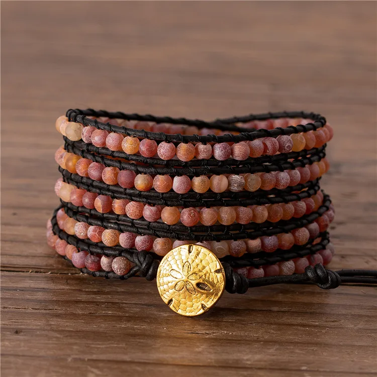 

Exclusive natural stone orange frosted agate beaded wrap bracelet for women and men