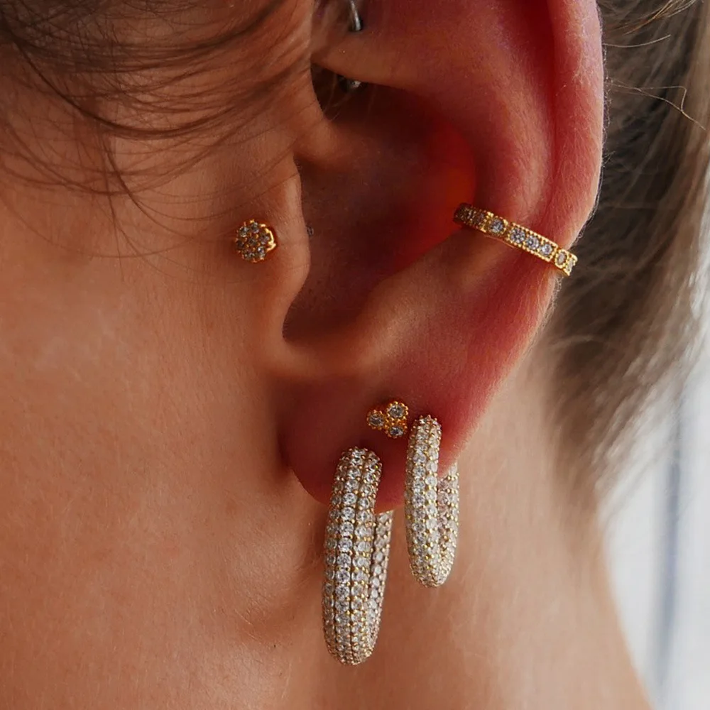 

Europe Is S925 Silver Stud Earring Iced Out Micro Pave Zircon CZ C Shape Hoop Earring