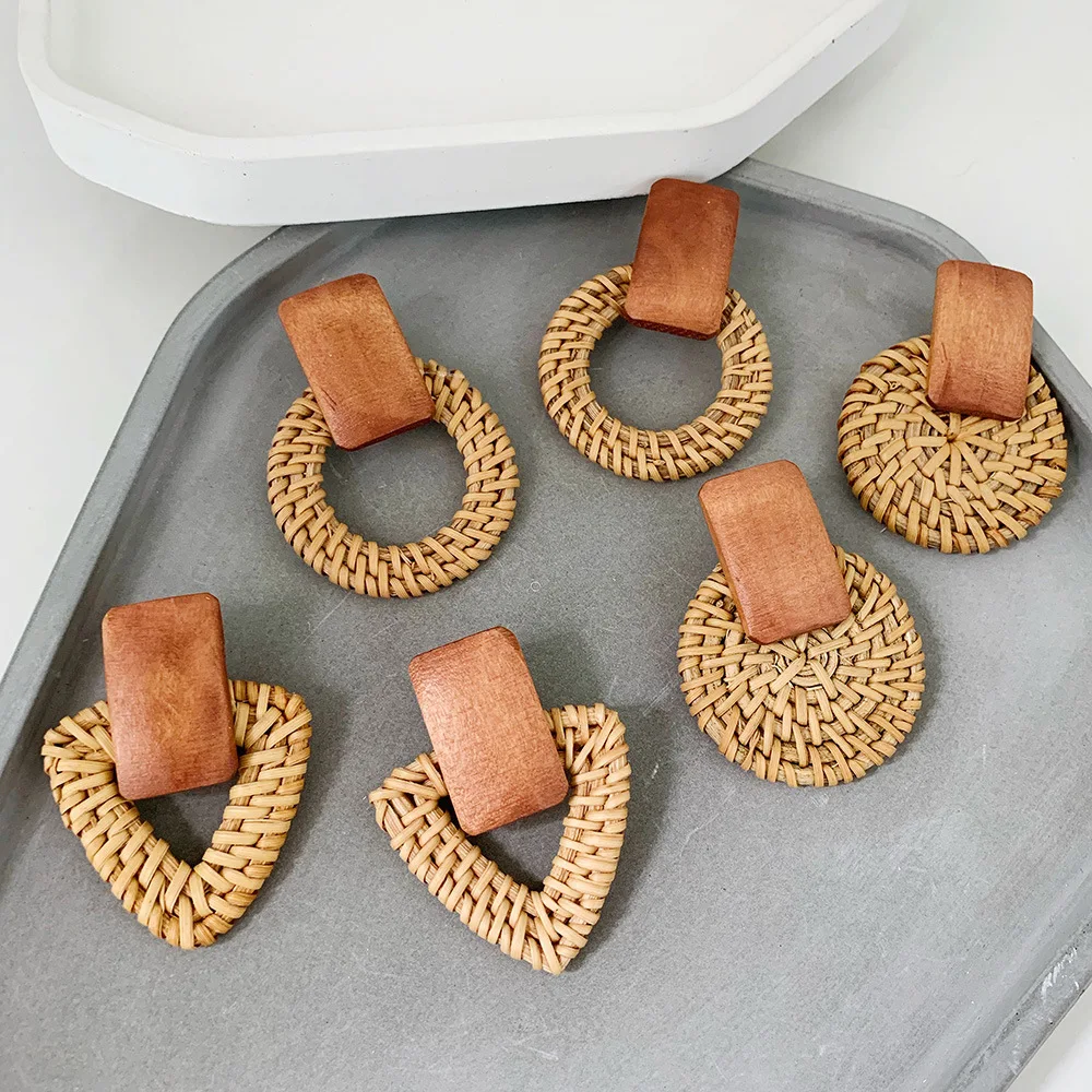 

Boho Vintage Handmade Bamboo Wooden Straw Weave Rattan Knit Earrings Geometric Circle Drop Earrings For Women Girl Jewelry, 3 colors to choose