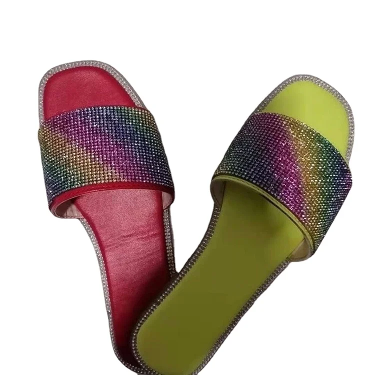 

2021 New Flat Slipper Soft Soles Diamond Colored Ladies Sandal Slipper over plus-size in summer