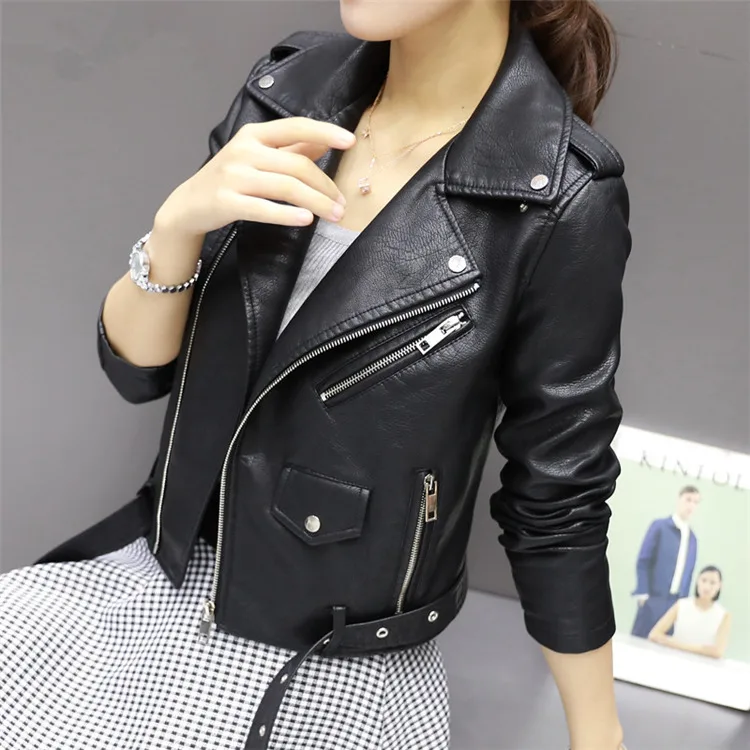 
Ladies Basic Street Coat Crop Tops Zipper Motorcycle PU Leather Jacket 