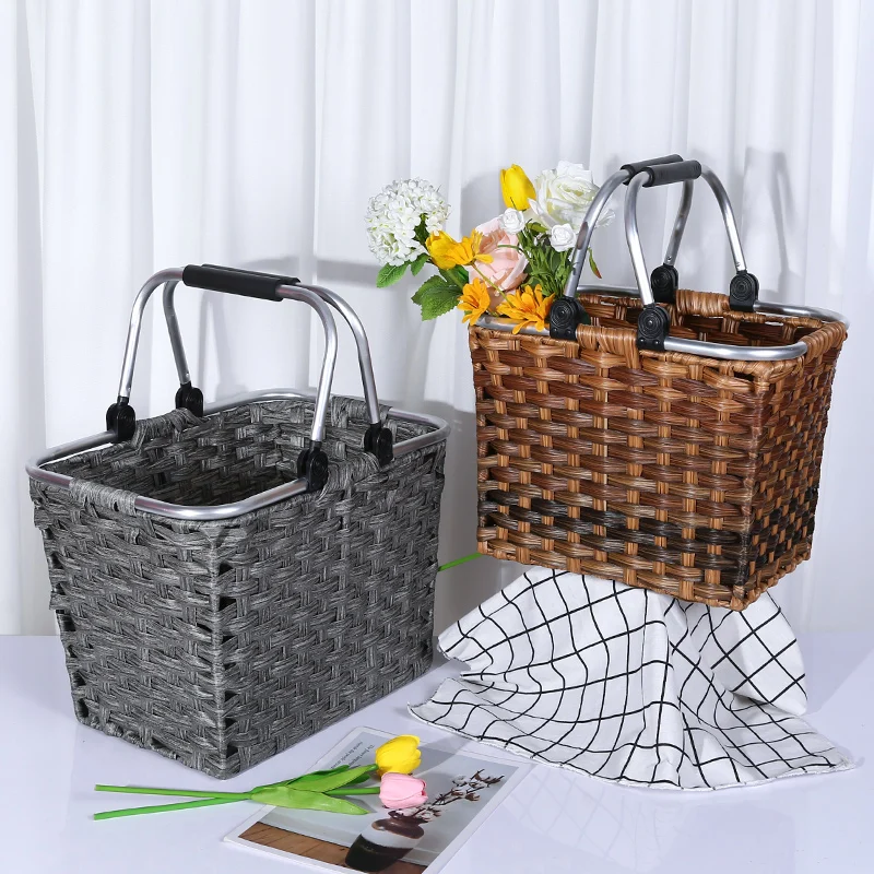 

Wholesale Handmade woven plastic storage basket with handle Large capacity women handbags for shopping beach market, Customizable