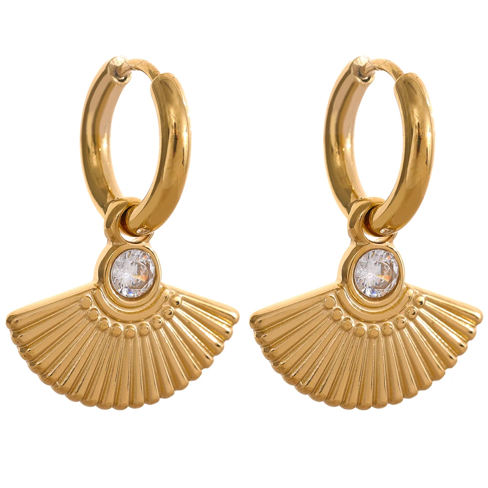 

JINYOU 1044 Stainless Steel Fan Geometric Drop Zircon Hoop Earrings 18k Gold Stylish Charm Chic Aretes Jewelry