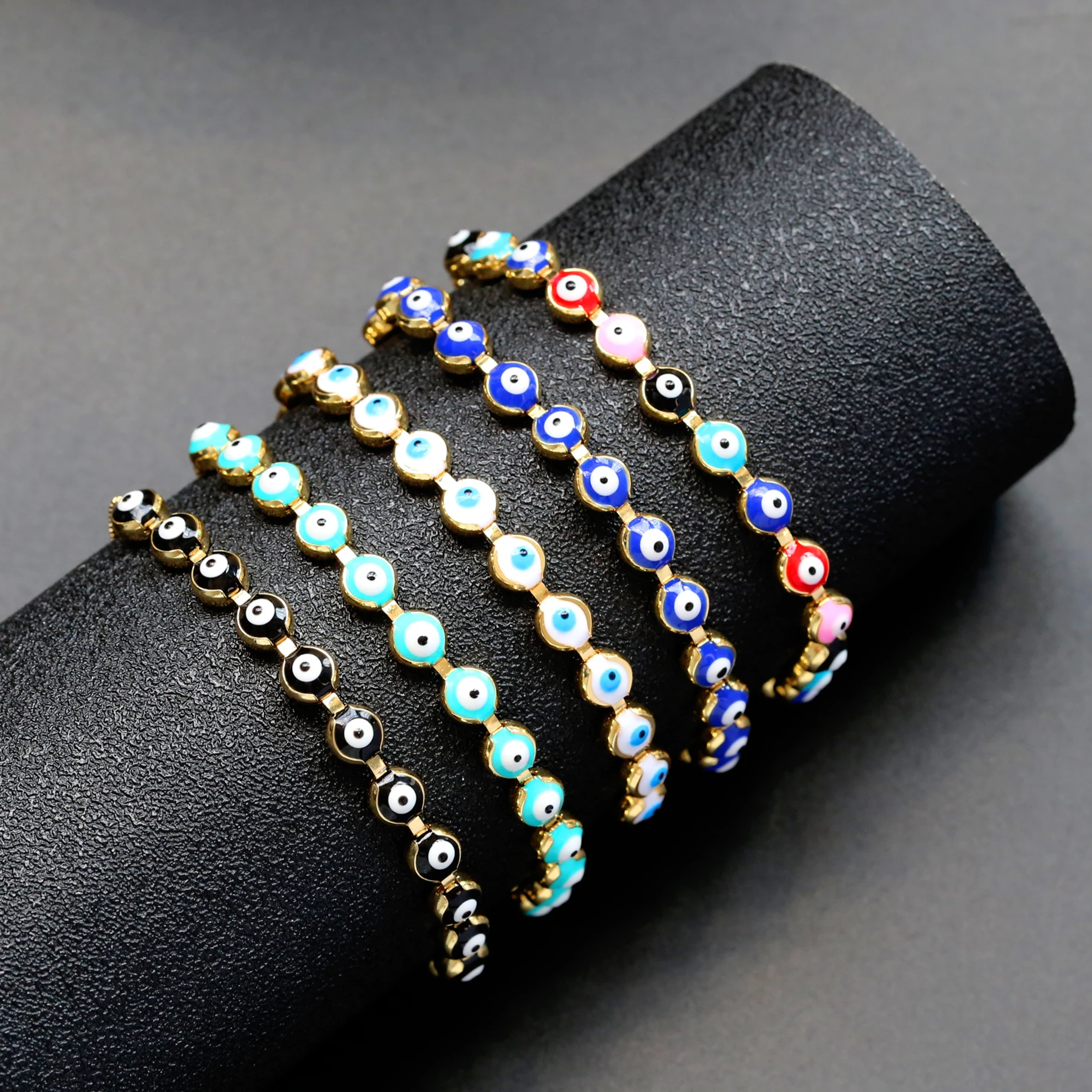 

18K Gold Plated Rainbow Enamel Evil Eyes Spiritual Chain Slide Bracelet Jewelry Wholesale Women Red Blue Charm Turkish Bracelets, Multi-colors