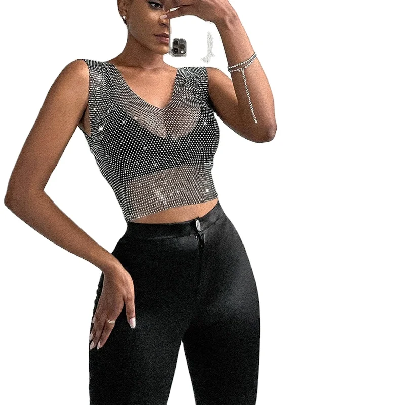 

Women Sexy Shiny Fishnet Rhinestone V Neck See-through Crop Top Crystal Diamond Mesh Backless Bodycon Transparent Vest