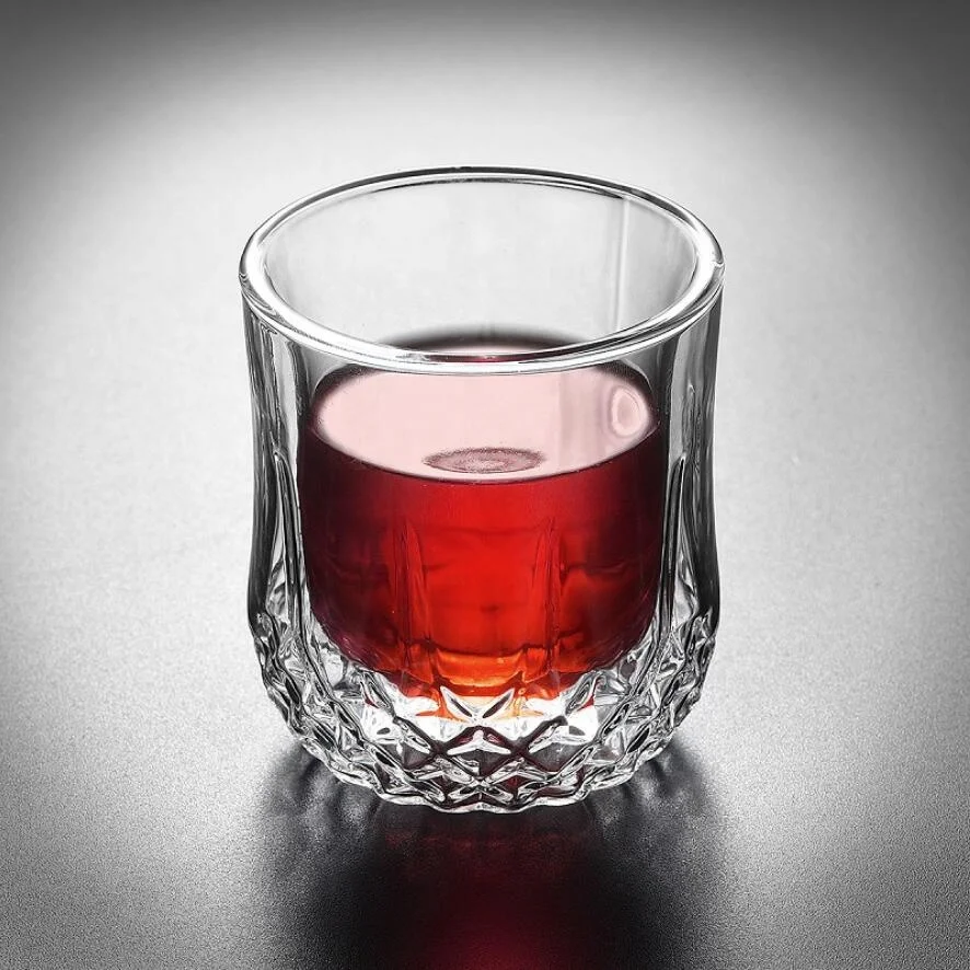 

Customized logo hand made borosilicate 250ml 8oz round red wine whiskey glass cup double wall whiskey drinking glasses, Clear