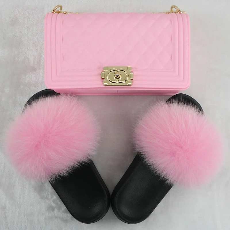 

Hot Sale Women Trends Fox Raccoon Fur Slippers With Match Solid Color PVC Handbags Girls Jelly Purse And Fur Slides