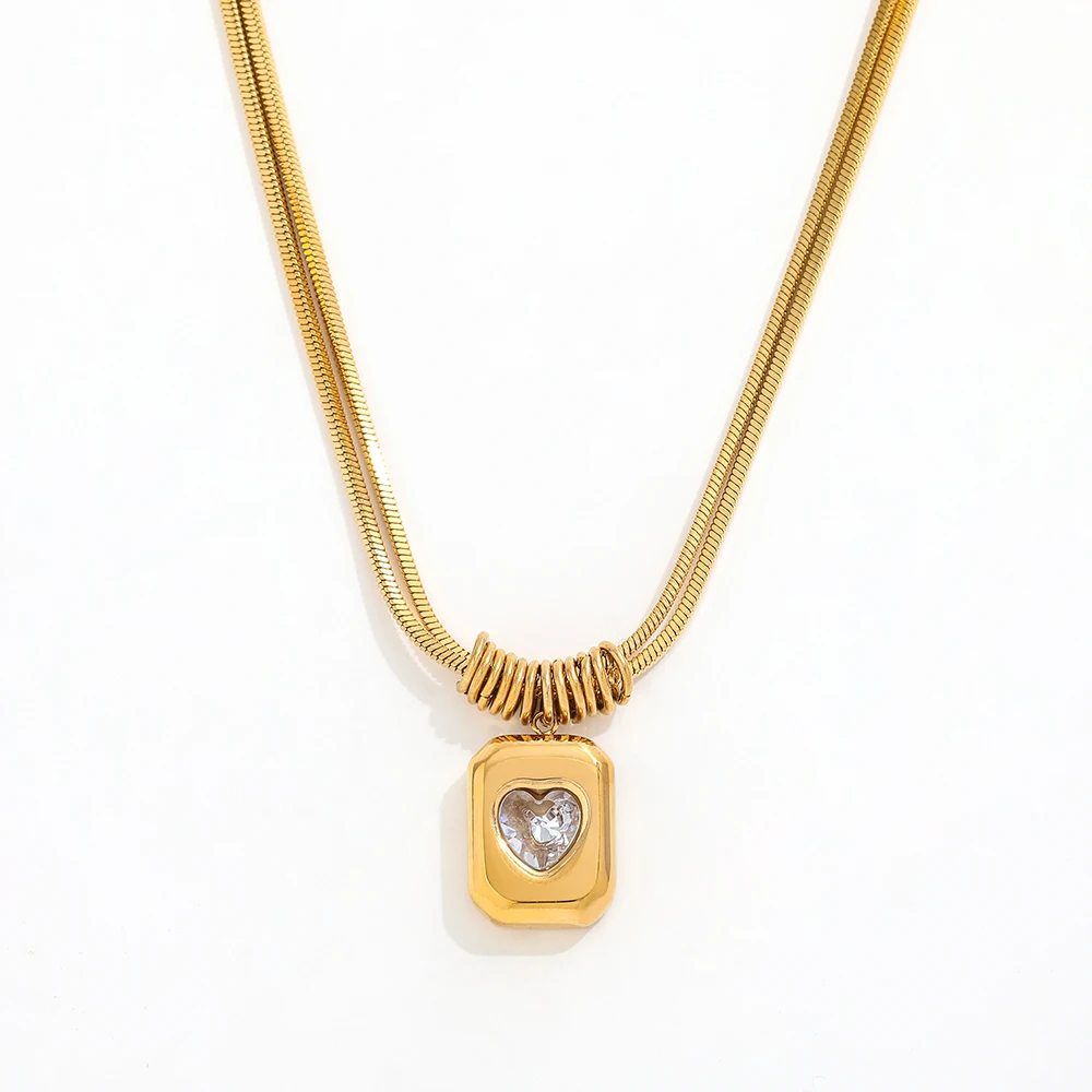 Joolim Jewelry Gold Plated Waterproof Tarnish Free Double-layer Heart Rectangle Pendant Necklace Stainless Steel Fashion Jewelry