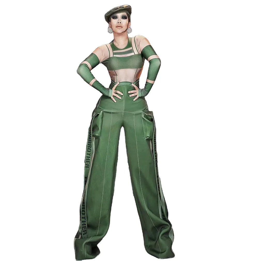 

Wholesale Green Mesh Letter Print Long Color Block Sleeve Jumpsuit Pockets Loose Wide Leg Pants Rompers for Women