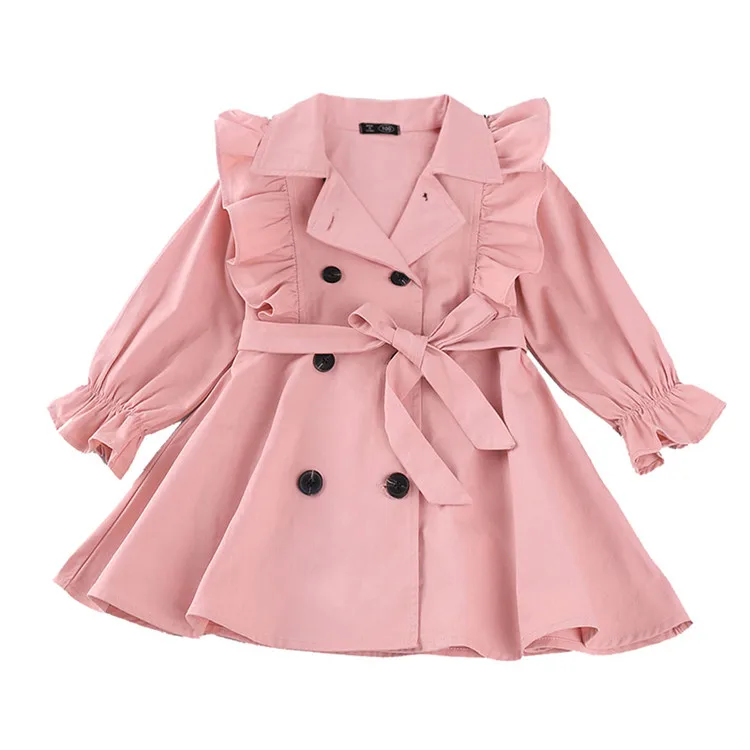 

Wholesale custom logo autumn long sleeved knee coat girls lapel double breasted trench coat