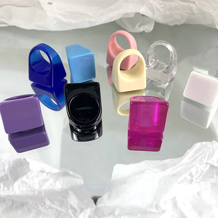 

New candy Color Acrylic square short thick multicolor resin ring Geometric Irregular Square Rings for Women Girls