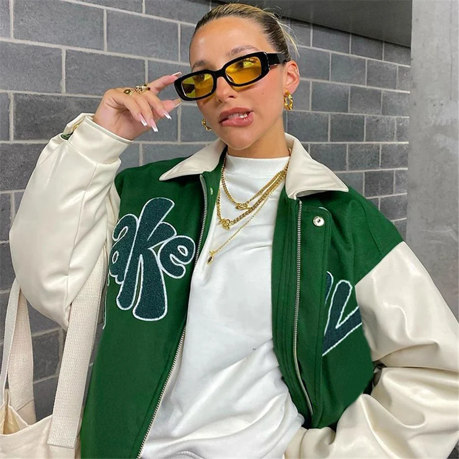 

Kliou K21C04555 Print Baseball Uniform Autumn Winter Zipper Pocket Long Coats Women Jacket