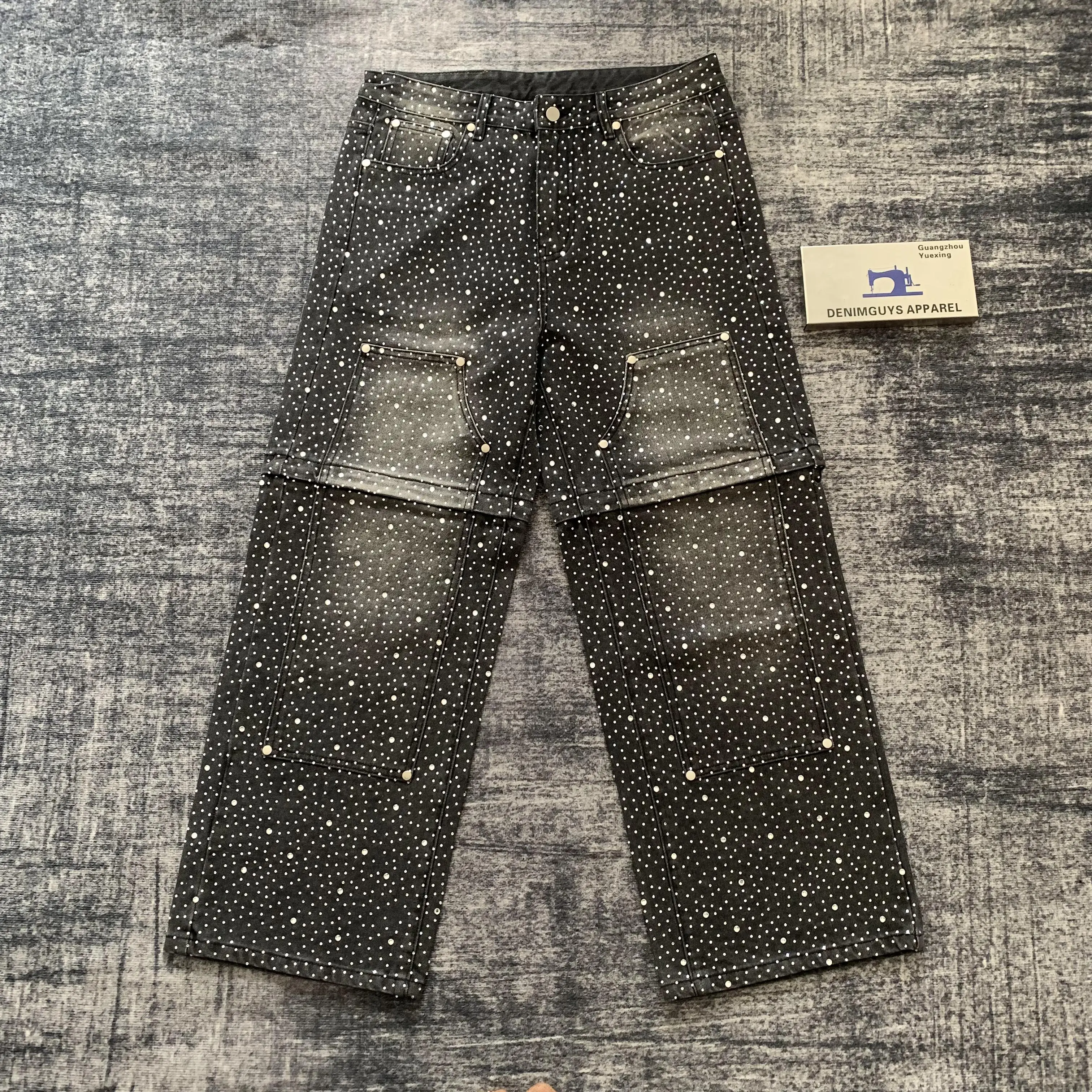 DENIMGUYS Custom Men's Vintage Washed Full Rhinestone Detachable Zip Off Jeans Baggy Straight Denim Pants for Men