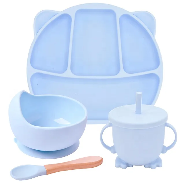 

456 silicone Soft Dinnerware Baby Self-Feeding Anti Slip Bear Shape Plate Set With Spoon And Snack Cup, Picture