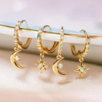 

925 sterling silver vermeil jewelry 2019 Christmas gift white fire opal Moon star drop earring