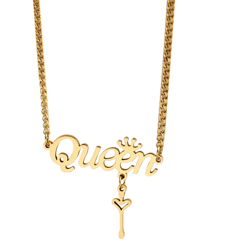 

HOVANCI Hips Hops Gold Plated King Queen Pendant Choker Stainless Steel Cuban Link Chain Letter Queen Crown Necklace Choker