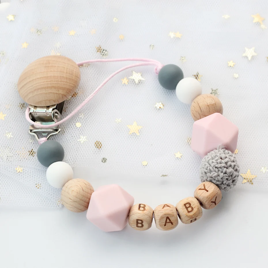 

Personalized Name Handmade Silicone Baby Wooden Dummy Pacifier clip Safe Teething Chain Teether Pacifier chains Holder Chain