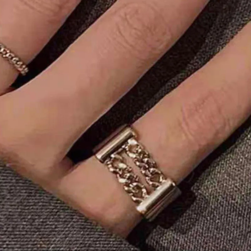 

Joolim Jewelry Wholesale 18K Gold Plated Double Chain Stainless Steel Rings for Women Statement Gold Rings