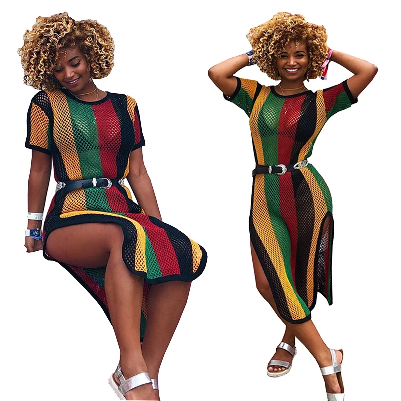 

Casual Contrast Color High Split Short Sleeve Dress Maxi Dressess Fashion Clothing