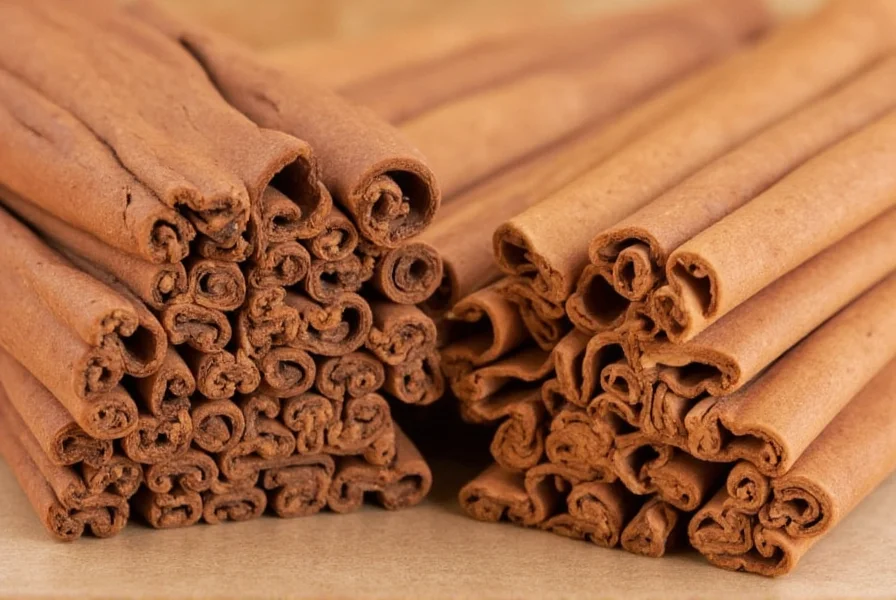 Close-up comparison of Ceylon cinnamon quills versus Cassia cinnamon sticks showing Ceylon's multiple thin layers and Cassia's single thick layer