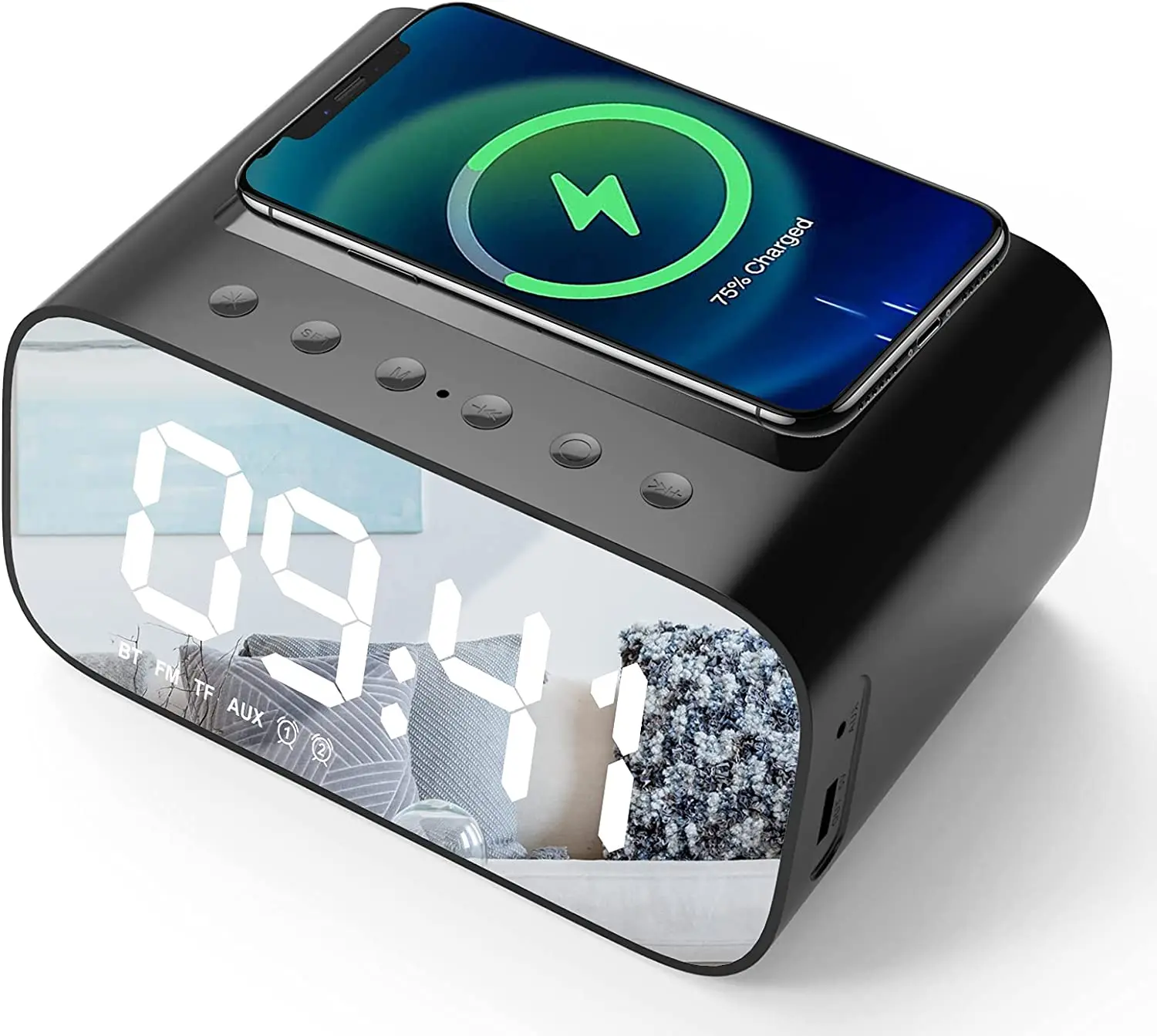 

Bedside Digital Alarm Clock Wireless Charging Bluetooth Speaker With FM Radio