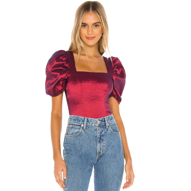 

Wholesale maroon square collar elastic short sleeve bodysuit