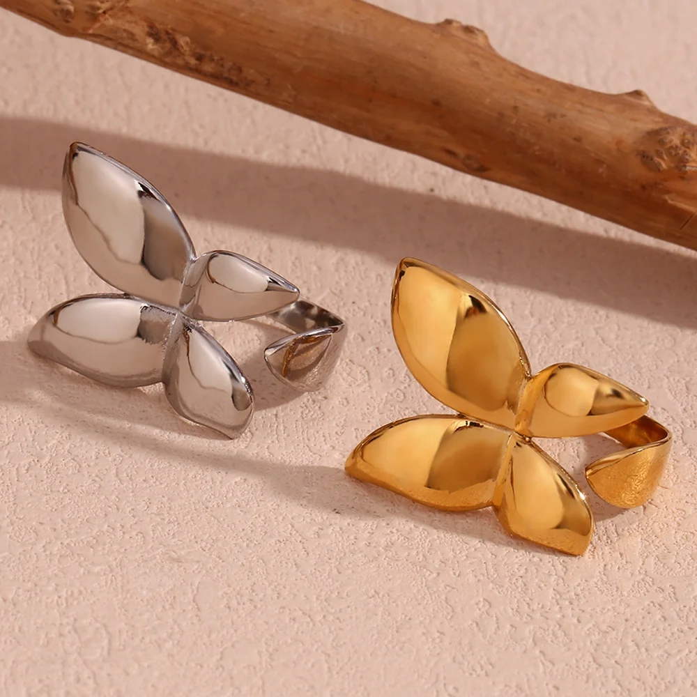 

Glossy Butterfly Signet Ring 18k Gold Plated Statement Jewelry Stainless Steel Engagement Rings