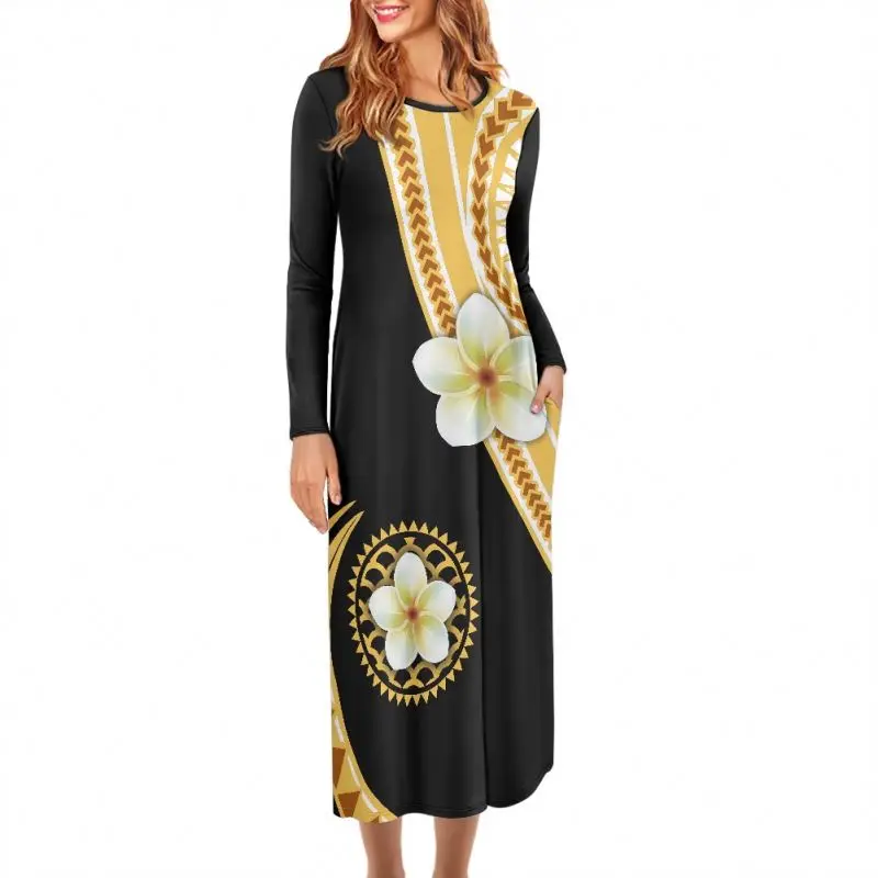 

Custom Polynesian Turquoise Hibiscus Flower Womens Maxi Dress Fashion O-Neck Long Sleeve Loose Casual Long Dresses with Pockets, Customized color