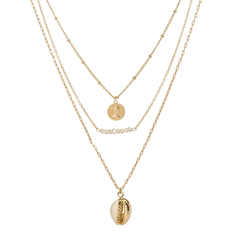 

G202 Retro Coin Charm Necklaces Natural Shell Pearl Gold Plated Layered Women Necklace