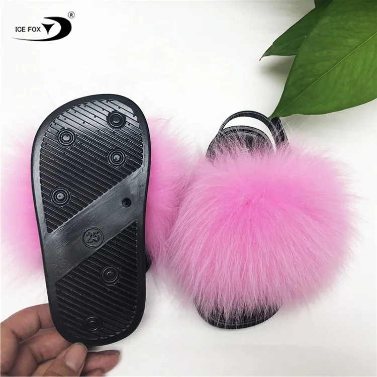 

China Newest Fashionable Kids Fur Slides With Elastic Strap Favorite Little Girl Kid Colorful Fox Fur Slides, Customized color