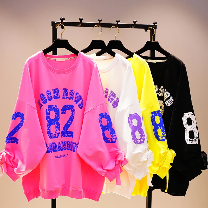 

Hot Sale Long Sleeve 100% Cotton Pullover Hoodies Teenager Girls Loose Oversized Letter Sweatshirts Women Shirts Top, 6color