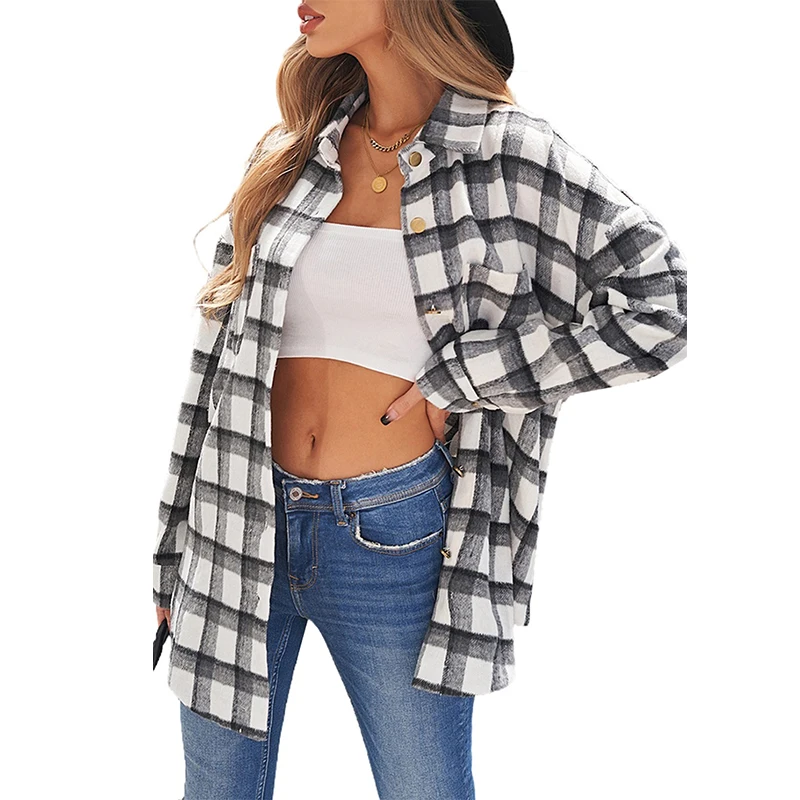 

Wholesale Jacket For Woman Casual Oversized Button Down Long Sleeve Plaid Shacket