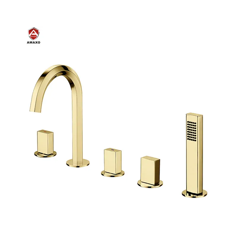 

AMAXO Bathtub Faucet Gold Bath and Shower Faucet 5 Hole Basin Mixer With Hand Shower Head Hot And Cold Water Tap