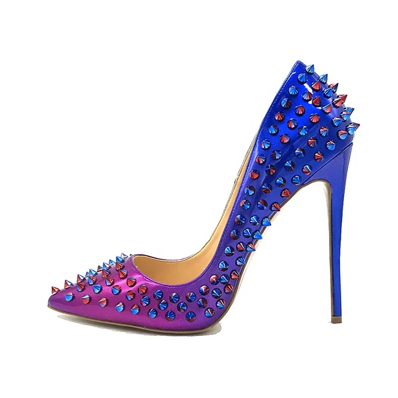 

women heels shoes rivet studded pumps patchwork pointed toe stiletto sexy high heels pumps 12cm