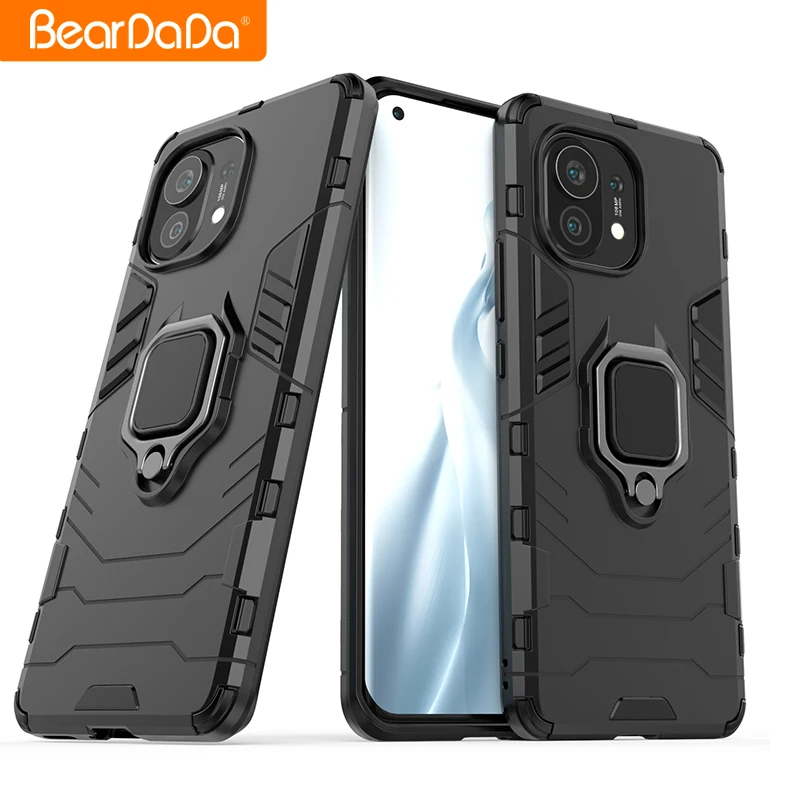 

2021 solid phone cases for Xiaomi Mi 11,Metal finger ring holder back cover for xiaomi Mi 11