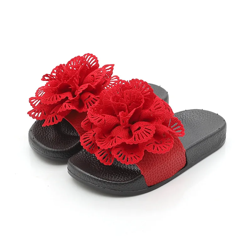 
Girls Solid Flower Anti-slip Slippers Kids Outside Summer Footwear With Soft Bottom Green Pink Red Drop Shipping Slippers 