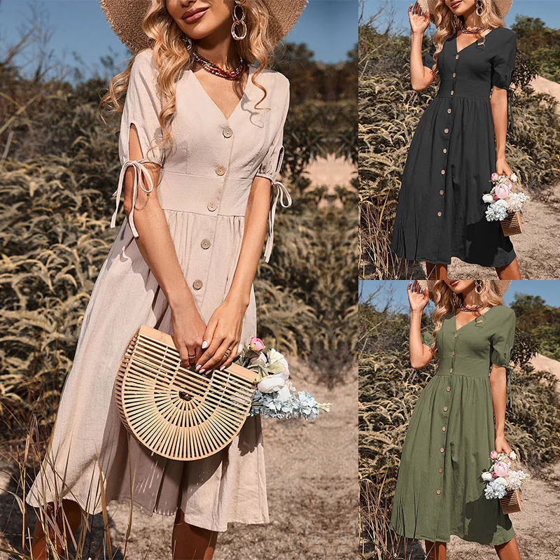 

Casual Women Loose Dress Summer Short Sleeve Cotton Linen V Neck Mid-length Dress