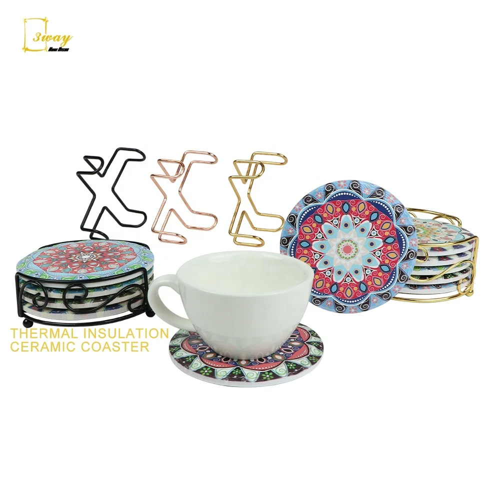 

Free Sample Mandala Design Water Absorbent Cup Mat With Cork Base Anti-slip Heat Resistant Ceramic Coasters
