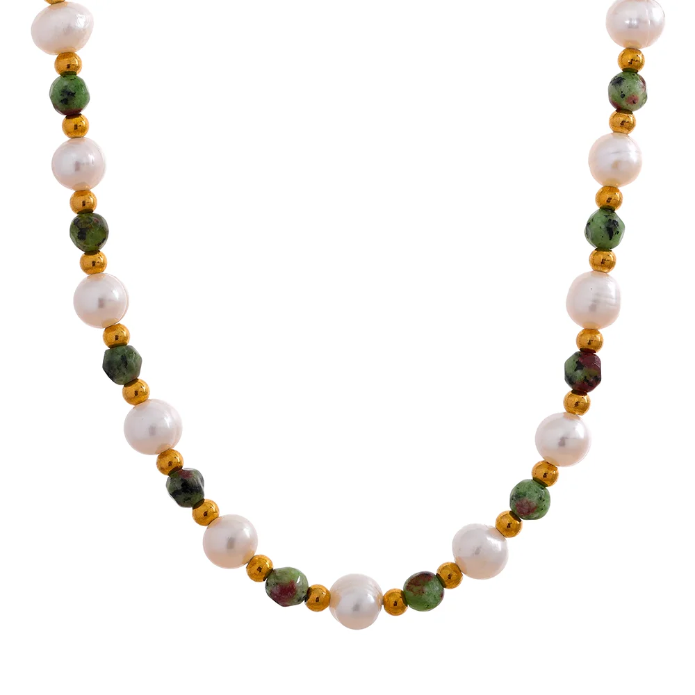 

JINYOU 1172 Natural Epidote Stone Freshwater Pearls Handmade Stainless Steel Beads Collar Necklace Women's Charm Healing Jewelry