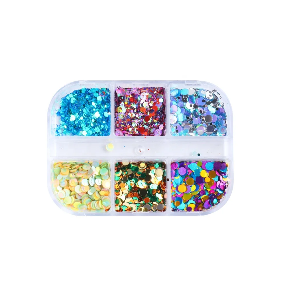 

2021 New Designs 6 Grids Holographic Nail Glitter Powder Sequins Nail Art Decoration, Colorful