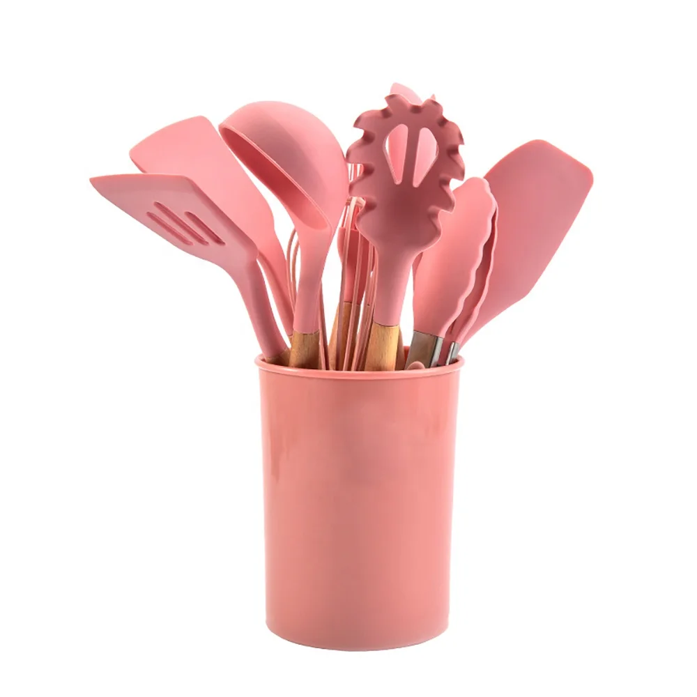 

Silicone Cooking Tool Set Silicone Spatula Scraper Spoon Brush Egg Beater Clip Set With Wood Handle And Storage Bucket, Blue/ pink