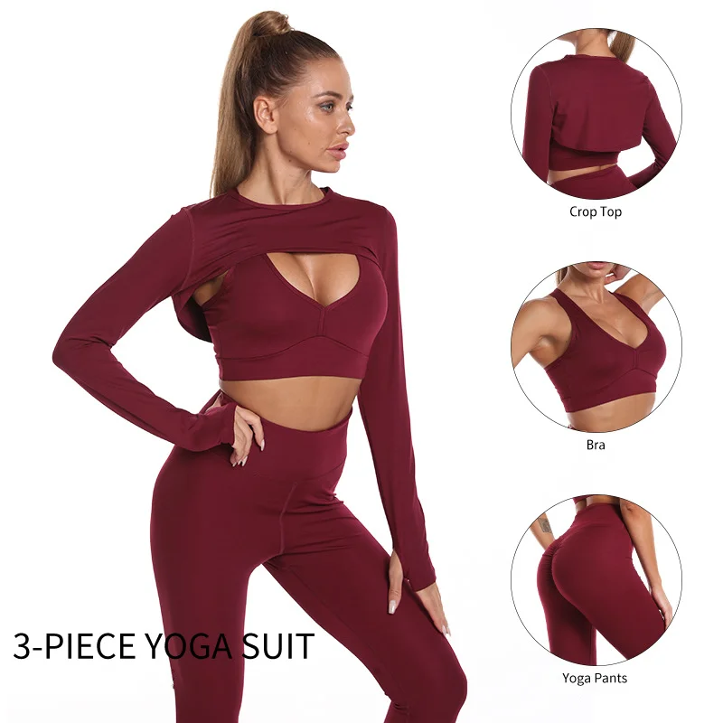 

Women Seamless Activewear Long Sleeves Clothing Gym Yoga Workout Sets 3 Pcs Fitness Gym Suits Wear Fabletics Leggings Sportswear, Customized colors