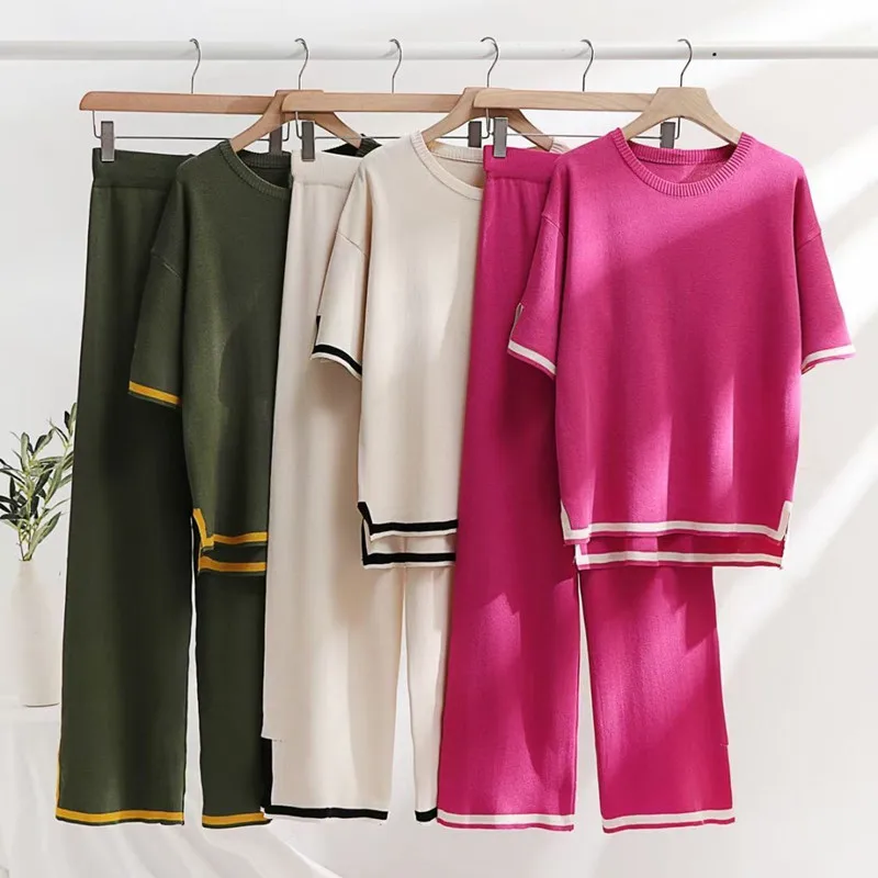 New Arrival Knitted Outfits Short Sleeve Sweater And Pants 2 Piece Sets For Women