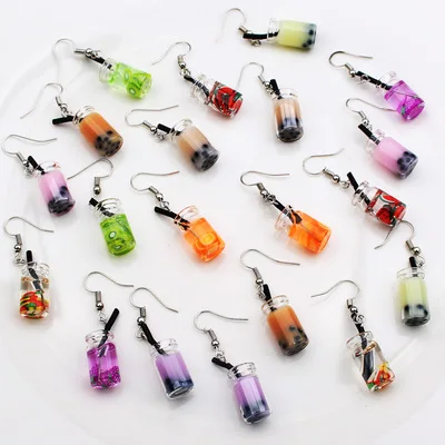 

2021 New Arrivals Designer Hot Selling Good Quality Creative Fruit Lemon Pearl Milk Tea Cup Funny Fashion Earrings Wholesale