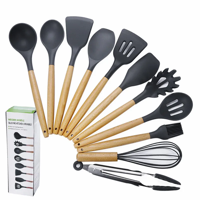 

Wideal Dishwasher Safe 11-Piece Silicone Cookware Sets With Wooden Handle