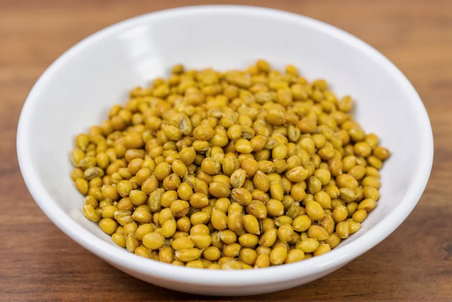 Close-up of homemade pickled mustard seeds in glass jar with visible spices and vibrant yellow color