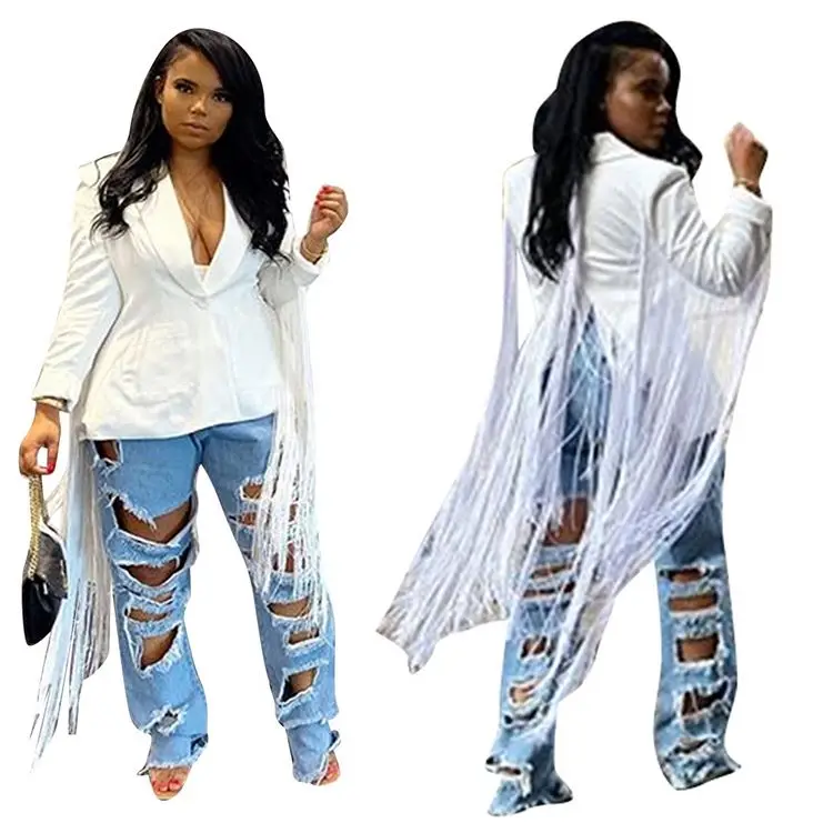 10AF497 hot onsale white casual long tassel coat High Fashion Womens Clothing Blazer