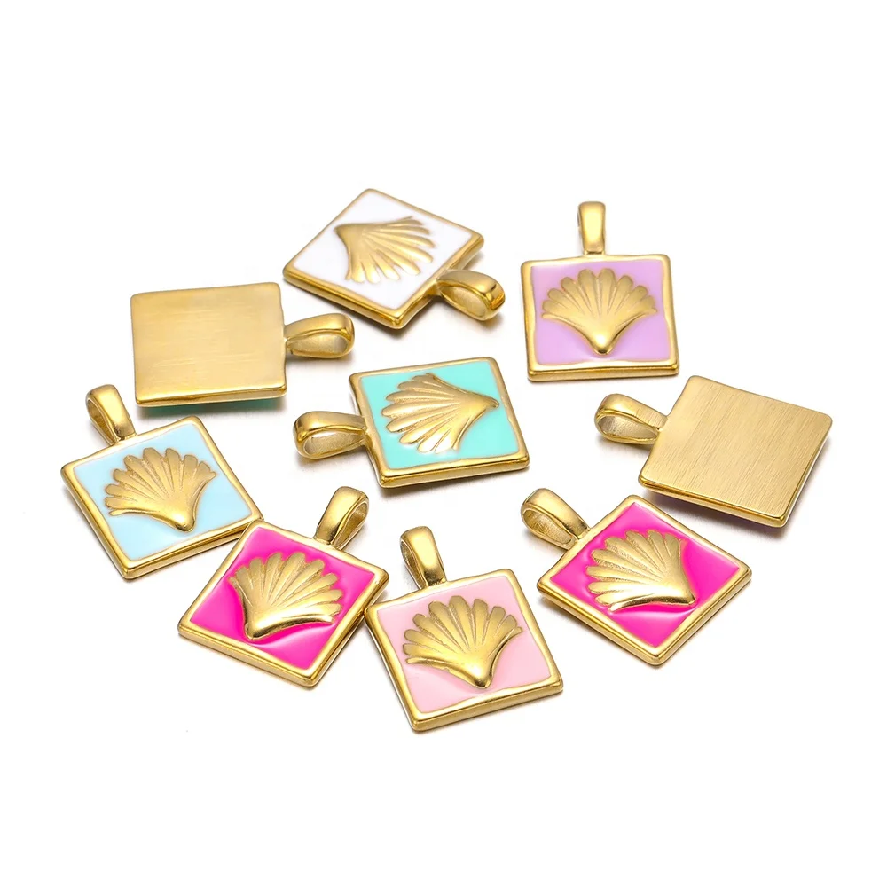 

New Product Shell Dripping Oil Pendant Stainless Steel Square Charm Diy Jewelry Colorful Necklace Bracelet Accessories