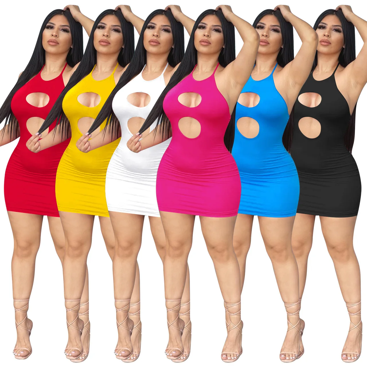 

Wholesale Broken Hole Strap Halter Backless Hollow Out Solid Color Sexy Club Mini Dress, 6 colors