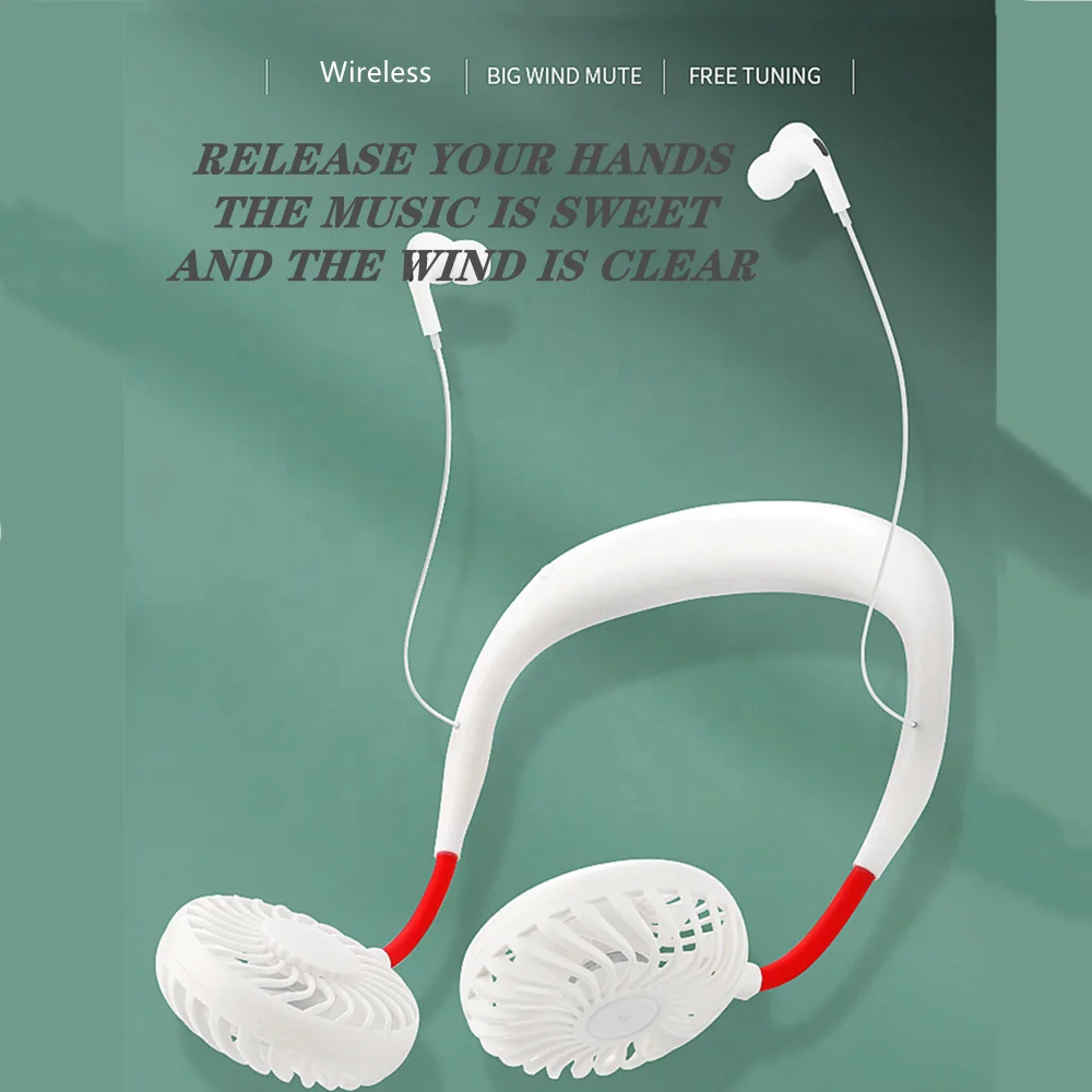

sports wireless BT neckband tws earbuds earphone headphone with mini neck hanging fan, White